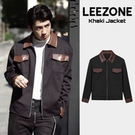 LeeZone Men's KhakiJacket (Form Crop) | Black Khaki with PU leather collar