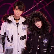 原創龐克風靈罪刻印翅膀十字架毛邊刷毛連帽外套漁網拼接JJ2559