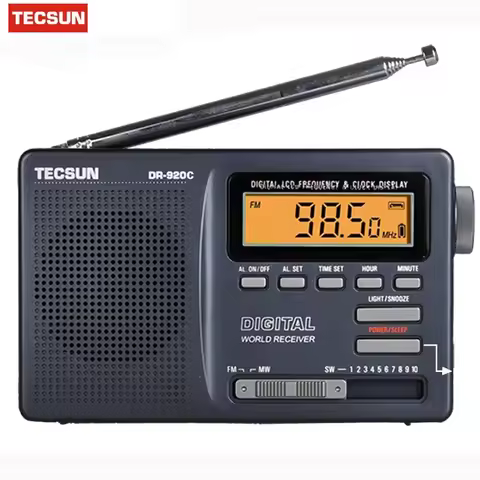 Tecsun DR-920C Radio FM MW SW 12 Band Digital Clock Alarm Receiver & Backlight FM Portable Radio Rec