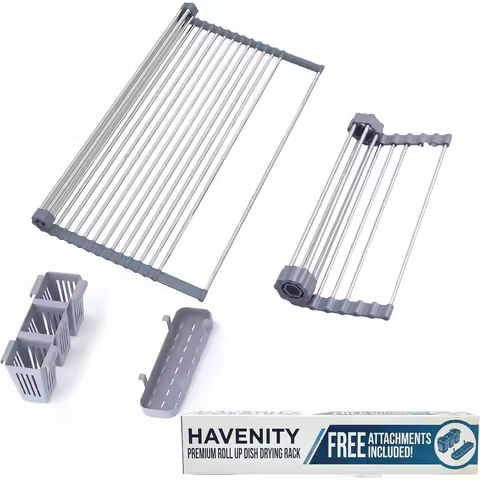 Expandable Roll Up Dish Drying Rack for Small Sinks, 12.8 to 22.8 Inch Over Sink Rack with 2 Baskets