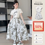 Girls 3-15 Years Chinese Style Ink Painting Suit Tshirt & Wide Leg Pants 80-170cm Height