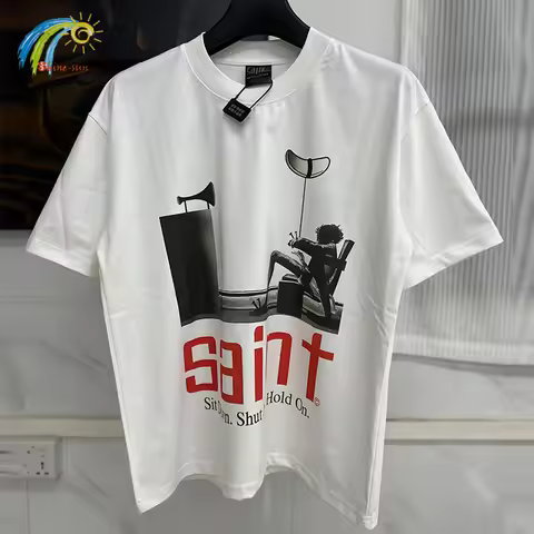 Summer Top Quality 260GSM Oversize Graphics Print Saint T Shirt Men Women Vintage White Short Sleeve