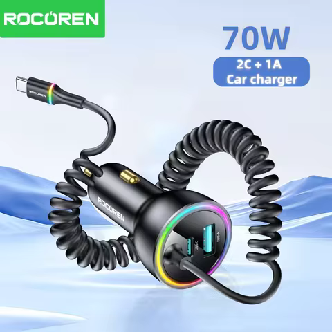 Rocoren 70W USB C Car Charger With Spring Charging Cable Fast Charging Type C Car Quick Charger Adap