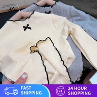 T-shirt lengan panjang budak perempuan, kemeja lengan panjang busur sisi telinga kayu, kemeja bawah 