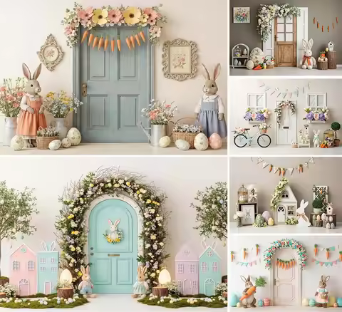 Spring Easter Photography Background Bunny Egg Arch Door Carrots Kids Birthday Cake Smash Portrait D