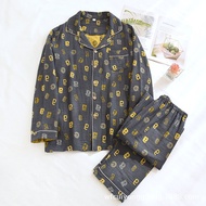 Spring / Autumn Yarn-dyed Cotton Mens Loungewear Long-sleeved Trousers Pajamas Two-piece Set Lapel L