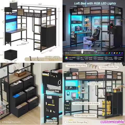"twin-size loft bed with desk and storage drawers, led-equipped loft bed with charging station and s