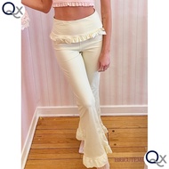 Women Flare Leg Elastic Waist Ruffled Yoga Pants Light Yellow