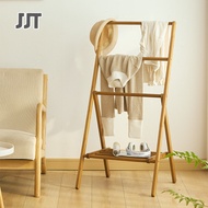 JJT [จัดส่งฟรี]ที่แขวนที่แขวนทั่วไปที่แขวนแบบพับเก็บได้ข้างเตียงนอนชั้นวางกับพื้นไม้แขวนเสื้อโค้ท