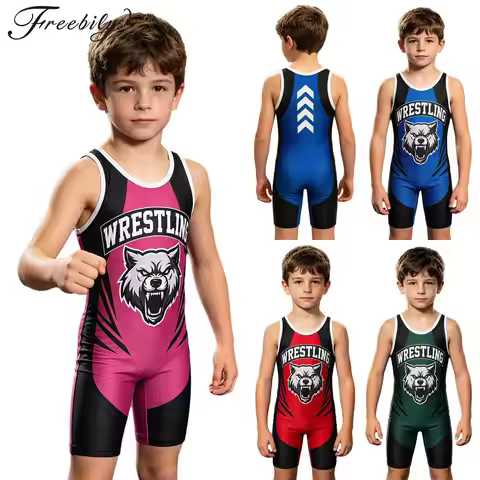 Kids Boys Printed Wrestling Singlet Bodysuit Sleeveless Color Block Jumpsuit Gymnastics Leotard Spor