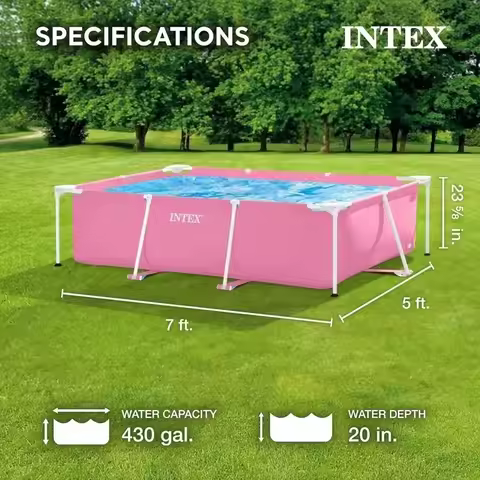7' x 5' x 24" Rectangular Metal Frame Above Ground Outdoor Swimming Pool, Pink