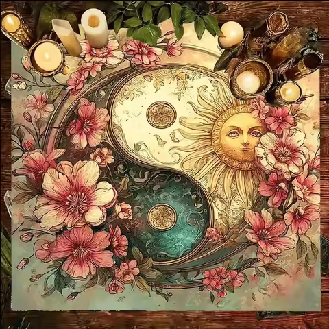 The harmonious beauty of flowers and yin and yang tarot tablecloth, altar cloth used for divination 