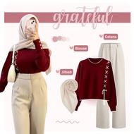 One Set 3-in-1 Trendy Coffee Outfit [Pants + Blouse + Hijab] Suit Wanita - AS233N
