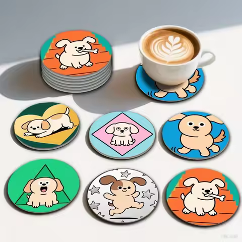 6pcs 2D 4in Cartoon-Puppy-Themed Wooden Coaster Non-Slip Heat-Resistant Fun Dining Table Decoration 