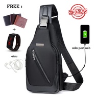 Tas selempang pria canvas murah tahan air free port usb dompet jam atau headset/JM