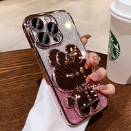 CrashStar With Lens Films Glitter Plating Soft Phone Case With Cartoon Mirror Stand For iPhone 17 16