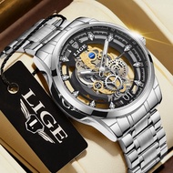 LIGE New Men Watch Waterproof Skeleton Fashion Vintage Wristwatch Luxury Quartz Watch