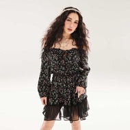 M2Spop [แท้💯] รุ่นk’แพท Dress เดรสปาดไหล่ ผ้าพิมพ์ลาย น่ารักๆ (Black)