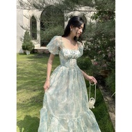 COQUI - Long flared princess DRESS in floral silk fabric with puffed sleeves and lovely bow tie MINT