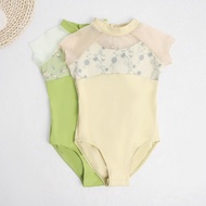 Children Girls Ballet Tights High Neck Net Stitching Dance Tights Youth Short-Sleeved Embroidered Gy