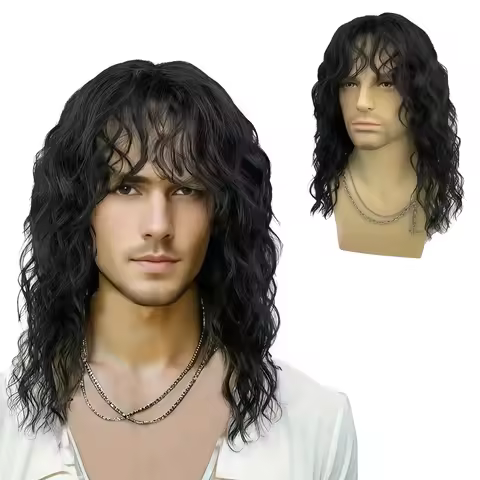 1 Piece of Men's Rock and Punk Synthetic Wig from the 70s and 80s,Featuring Heat-Resistant Long Curl