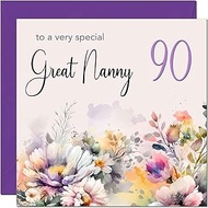 90th Great Nanny Birthday Card - Purple Floral Great Grandma Birthday Card for 90 Year old Ninety Ni