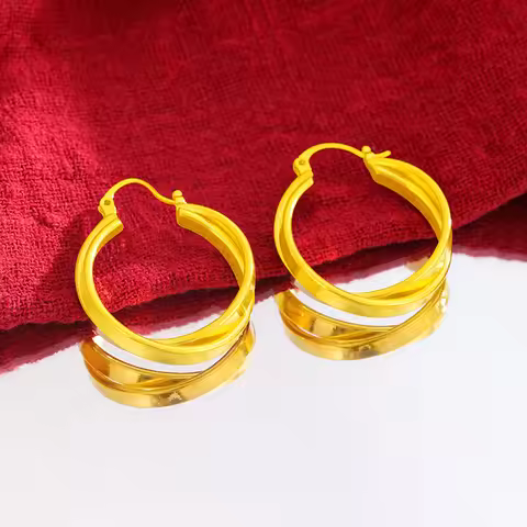 Stylish Double Hoop Earrings Women's 24K Gold AU999 - Minimalist double hoops, trendy, women's 24K g
