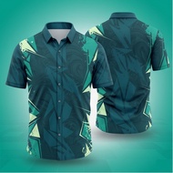 Gradient Tone Aztec Folk Geometric Border Pattern Full Printed Short Sleeve Shirt Contrast Lapel Col