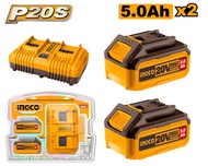INGCO ชุดแบตเตอรี่ 5ah 2ก้อน และแท่นชาร์จรุ่นชาร์จเร็ว 4Ah 20V รุ่น FBCPK2425 (P20S Lithium-Ion batt