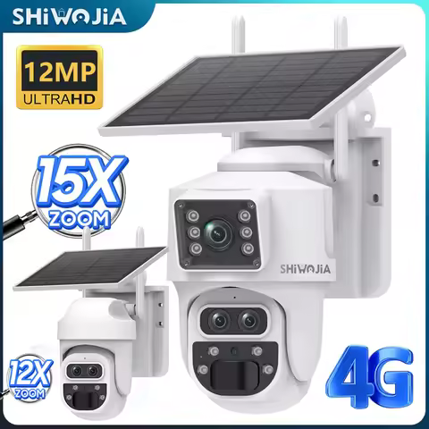 SHIWOJIA 12MP 6K 15X Zoom Solar Camera 4G Dual Screen Outdoor Three Lens 7800mAh Battery Camera PIR