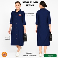 LPM 16353 LONG TUNIC JEANS DENIM Baju Tunik Wanita Motif Logo Bordir Lengan Panjang BIG SIZE JUMBO S