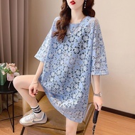 Plus Size Women's Clothing Fat mm Hollow Top Design Niche Short-Sleeved T-Shirt Dress Mid-Length Loose Slimmer Look Western Style Plus Size Women's Clothing Fat mm Hollow Top Design Niche Short-Sleeved T-Shirt Dress Mid-Length Loose240402