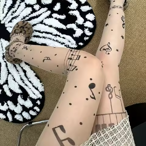 Fashion Music Note Print Women's Pantyhose Sweet Cool Thin High Elastic Socks Lolita Jk Tights Hosie