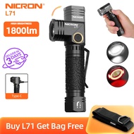 Nicron ไฟฉาย L71ไฟฉาย Nicron 90องศาบิดได้กับ1800lumens ความสว่างสูง314ลำแสงยาว18650ชนิด C ชาร์จไฟได้