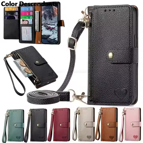 Lanyard Zipper Leather Wallet Anti-theft Case For ZTE Axon 40 Ultra Blade V30 V40 Vita A51 A71 A32 A