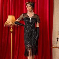 1920s Flapper Dresses For Women,Sheer Beaded Sleeves Great Gatsby Dresses Roaring 20s Dresses Costum