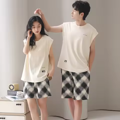 Summer Couple Pajama Set Men Knited Cotton Sleeveless Pyjamas Women Vest Pijama With Chest Pad