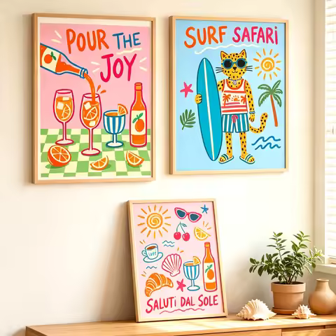 Coastal Canvas Wall Art, Seashell Beach Summer Poster Tropical Preppy Decor Lobster Wine Nautical Pr