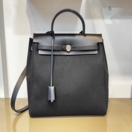 Hermes 黑帆布拼黑牛皮Herbag31銀扣手提斜背包