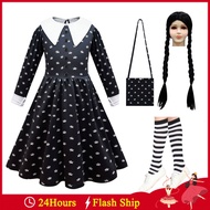 Kids Wednesday Addams Family Cosplay Costume Addams Children Dress Wig
