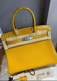 Birkin 30 touch 琥珀黃 銀扣 Togo拼亮面鱷魚 D stamp