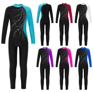 Gymnastics Leotard for Children Girls Long Sleeve Athletic Leotard Rhinestone Glitter Jumpsuit Dancewear