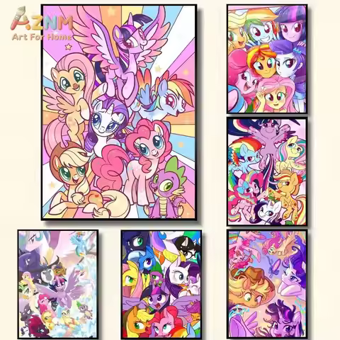 AZNM My Little Pony Rainbow Cartoon Canvas Print Unframed Colorful Pony Character Wall Art Kids Play