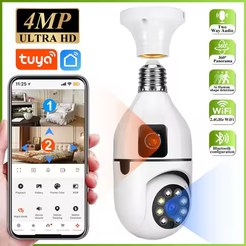 4MP CCTV PTZ WiFi Dual Lens Screen E27 Bulb Camera Tuya Smart Life Security Video Surveillance Camer