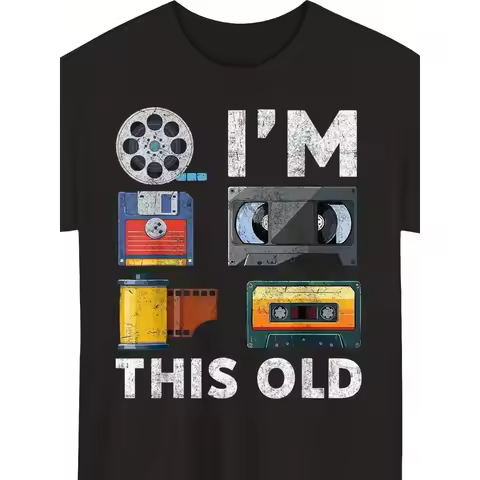 Retro Vintage Media Technology T-Shirt - Nostalgic Cassette VHS Floppy Disk Print Short Sleeve Round