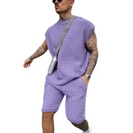 Casual Mens Waffle Knit Two Piece Outfits 2026 Fashion Man Summer Tracksuits Sleeveless Sweater Vest
