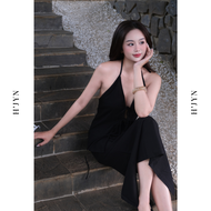 HJYN | Set áo yếm thắt nơ hở lưng chân váy dáng dài xẻ tà chất liệu linen tưng premium màu đen