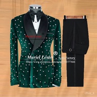 YQ2 Burgundy Wedding Suit For Men Slim Fit Elegant Velvet Blazer White Pearls Hand Sewn Jacket Pants 2 Pieces Groom Busi