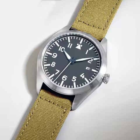 Mechanical Watches Canvas Flieger Aviator Pilot Wristwatch Olive Green Arrow WWII German WW2 Automat