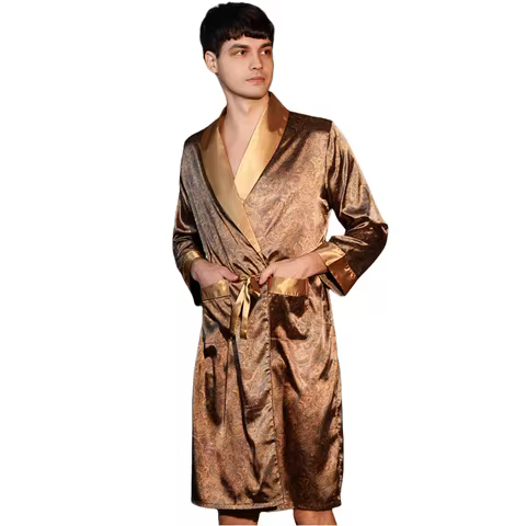 100 kg Man Robe Pajamas Silk Bathrobe Man Nightrobes Ice Silk Printed Pajamas One-piece Robe Male Lo